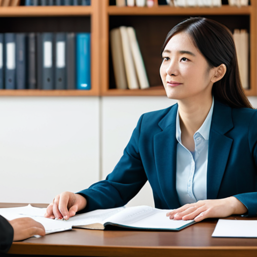 練習と共感のカウンセリングセッション**
A professional addiction counselor, an adult woman in her 30s, dressed in a modest business suit, seated at a polished wooden desk. She is engaged in a role-playing counseling session, displaying active listening with a calm and empathetic expression. Her hands are gently clasped on the desk, conveying a supportive presence. The background is a modern, softly lit counseling room with a blurred bookshelf. Professional photography, high-resolution, sharp focus, natural pose, perfect anatomy, correct proportions, well-formed hands, proper finger count, natural body proportions, fully clothed, modest clothing, appropriate attire, professional dress, safe for work, appropriate content, family-friendly.

**