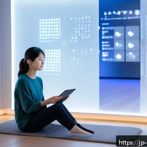 중독상담사와 관련된 최신 기술 트렌드 - A futuristic Japanese counseling room with a young adult woman wearing casual clothes sitting comfor...