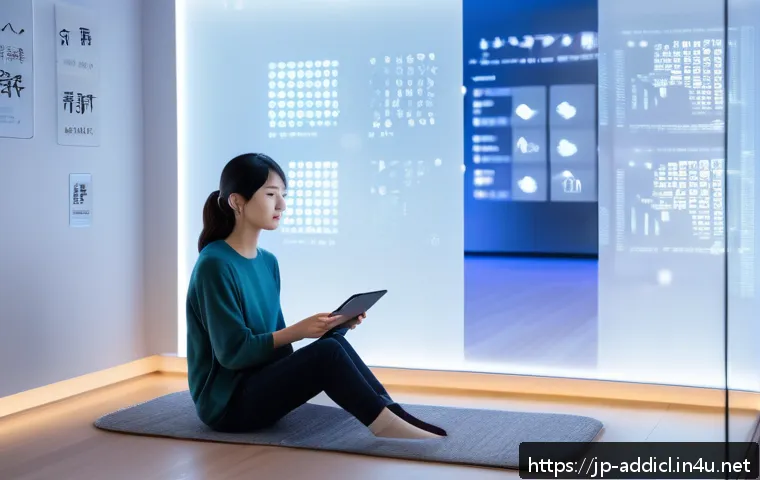 중독상담사와 관련된 최신 기술 트렌드 - A futuristic Japanese counseling room with a young adult woman wearing casual clothes sitting comfor...