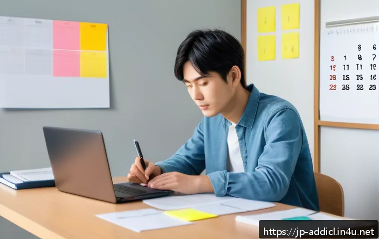 중독상담사 자격증 취득 준비 팁 - A modern Japanese study room scene focused on an efficient study plan for a certification exam. The ...