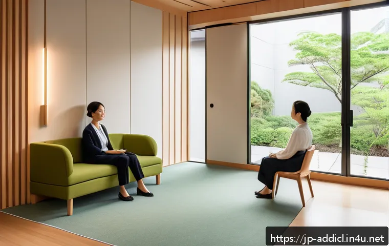 중독상담 실무 스킬 업그레이드 방법 - A serene counseling room scene featuring a compassionate counselor attentively listening to a client...